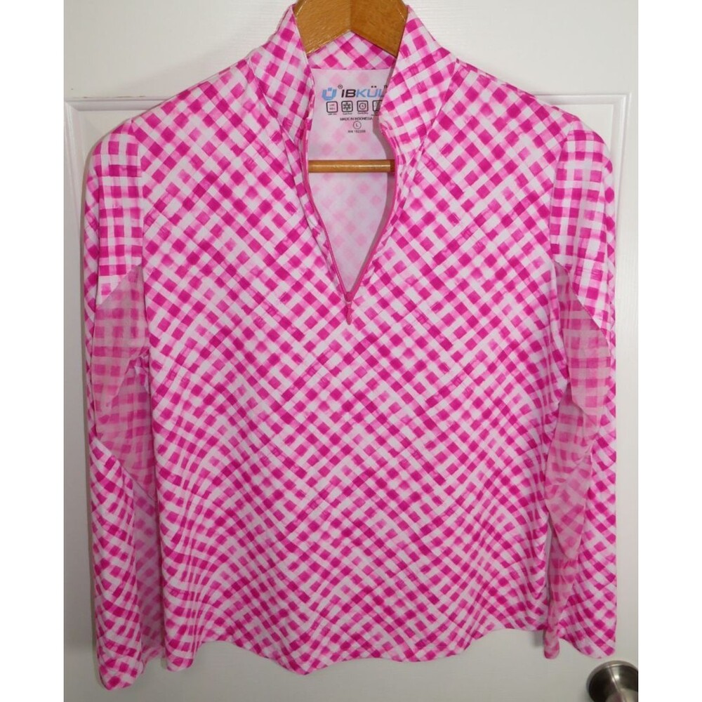 Ibkul 1/4 Zip Icefil Performance Vented Top Hot Pink/White Gingham Size LG